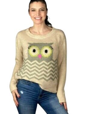 Novelty Cream Owl Chevron Crewneck Cozy Sweater Yellow & Pink Accents Sz L